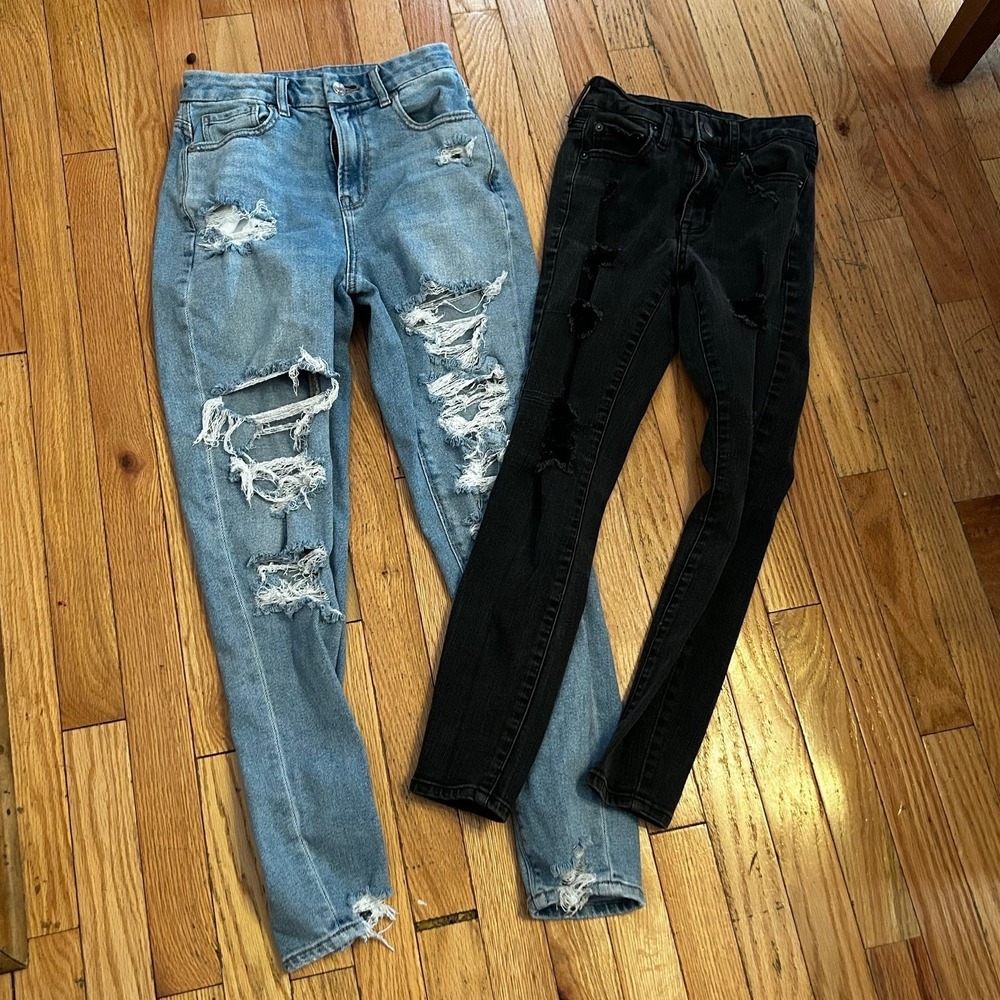 Lot of 2 Pairs of Size 00 Jeans Blue American Eagle Black‎ Aeropostale Skinny